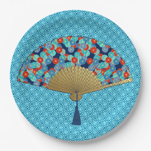 Deco Fan - Flowers in Cobalt, Turquoise en Red Papieren Bordje (Voorkant)