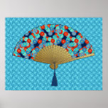 Deco Fan - Flowers in Cobalt, Turquoise en Red Poster<br><div class="desc">Een Art Deco Japanse ventilatorkunstfoto van een traditionele,  gestileerde chrysanthemumpatroon gebruikt in Japanse textielproducten,  in tinten blauw,  turquoise en helder rood,  geschetst in goud,  in donkerblauw,  met een in reliëf gemaakte goudbasis en een coördinerende deco-gepatterde achtergrond</div>