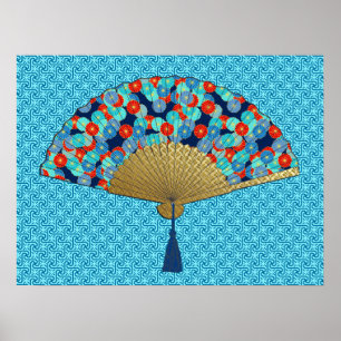 Deco Fan - Flowers in Cobalt, Turquoise en Red Poster