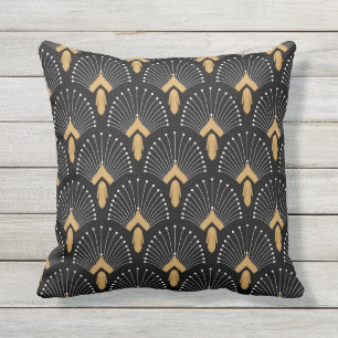 Deco Fan Flowers Motif Black, Gold and White Art Buitenkussen