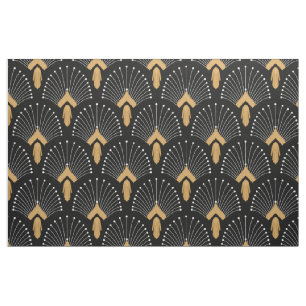 Deco Fan Flowers Motif Black, Gold and White Art Stof