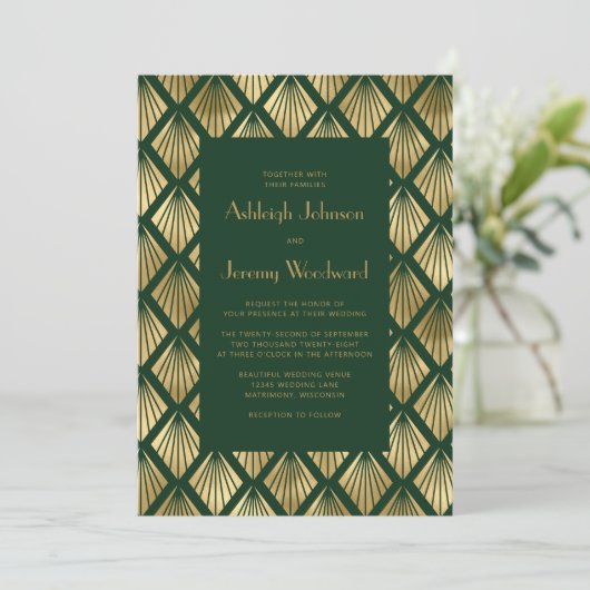  Deco Fans Groene Blush 1920s Bruiloft Kaart (Staand voorkant)