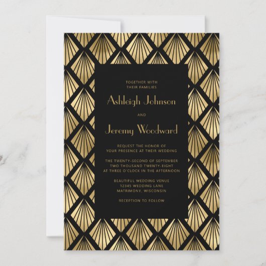 Deco Fans Zwart Goud 1920s Bruiloft Kaart (Voorkant)