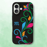 Deco Floral Monogram iPhone 16 Hoesje<br><div class="desc">Personaliseer dit elegante Hoesje-Mate merk hoesje voor uw telefoon met uw eigen monogram. Bewerken in de eenvoudige Zazzle teksteditor. Creëer in een vet wervelend bladrandpatroon OP DE RUG met felle spatten van kleur. Past op verschillende modellen. Selecteer de jouwe in het vervolgkeuzemenu.</div>