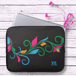 Deco Floral Monogram Laptop Sleeve<br><div class="desc">Deze kleurrijke laptop of tablet sleeve tas is klaar voor uw eigen monogram. Creëer in een gedurfd kleurrijk wervelend bladgrendelpatroon met felle kleurspatten op zwart. Bewerk gewoon je monogram letter. Uw keuze uit verschillende maten.</div>