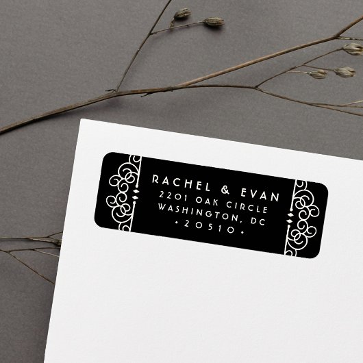 Deco Flourish Return Address Label | Zwart