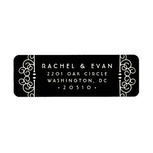 Deco Flourish Return Address Label | Zwart (Voorkant)