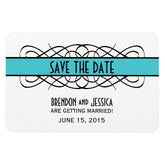 Deco Flourish Save the Date Magnet, Aqua Magneet (Horizontaal)