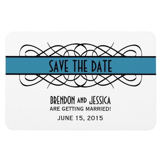 Deco Flourish Save the Date Magnet, Blue Magneet (Horizontaal)