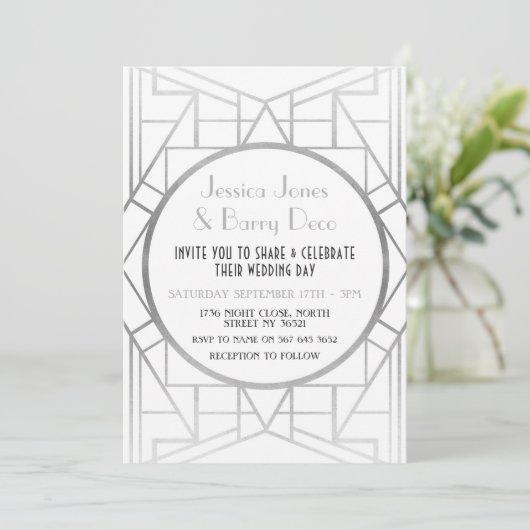 Deco Gatsby Silver 20's Wedding Invite uit 1920 Kaart (Staand voorkant)