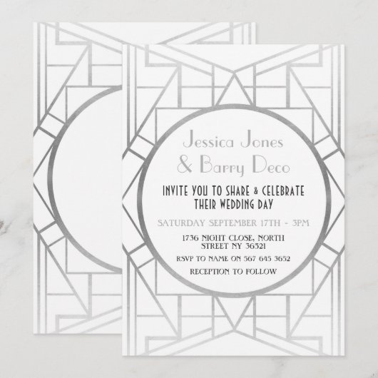 Deco Gatsby Silver 20's Wedding Invite uit 1920 Kaart (Voorkant / Achterkant)