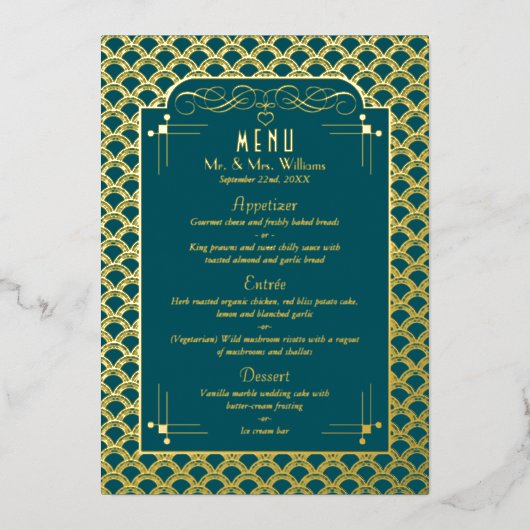 deco Gatsby Wedding Menu Art Deco 1920 Folie Uitnodiging (Voorkant)