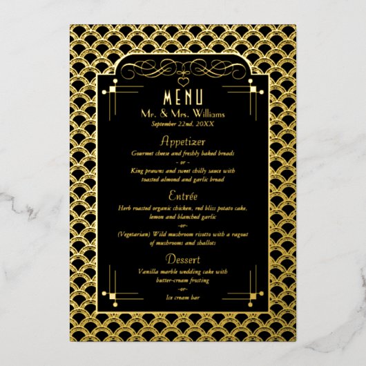 deco Gatsby Wedding Menu Art Deco 1920 Folie Uitnodiging (Voorkant)