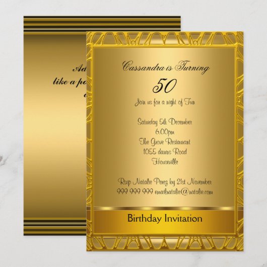 Deco Gold 50th Birthday Invitation Kaart (Voorkant / Achterkant)