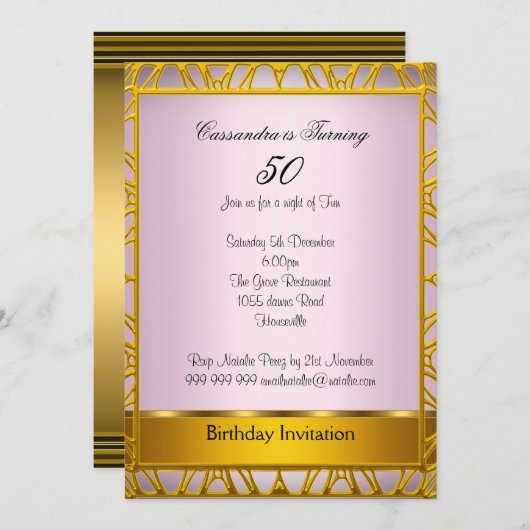 Deco Gold 50th Birthday Invitation Pink Kaart (Voorkant / Achterkant)