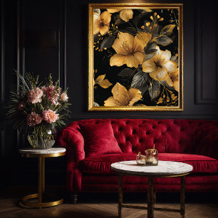 Deco Goud & Grijs Bloempatroon Poster