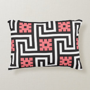 Deco Greek Key, Black, White en Coral Pink Accent Kussen