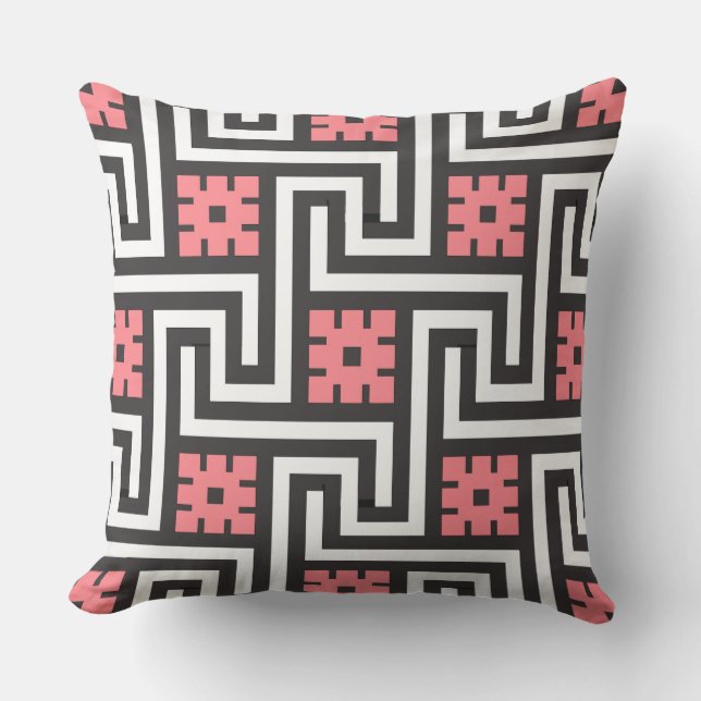 Deco Greek Key, Black, White en Coral Pink Buitenkussen (Voorkant)