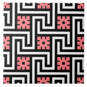 Deco Greek Key, Black, White en Coral Pink Tegeltje