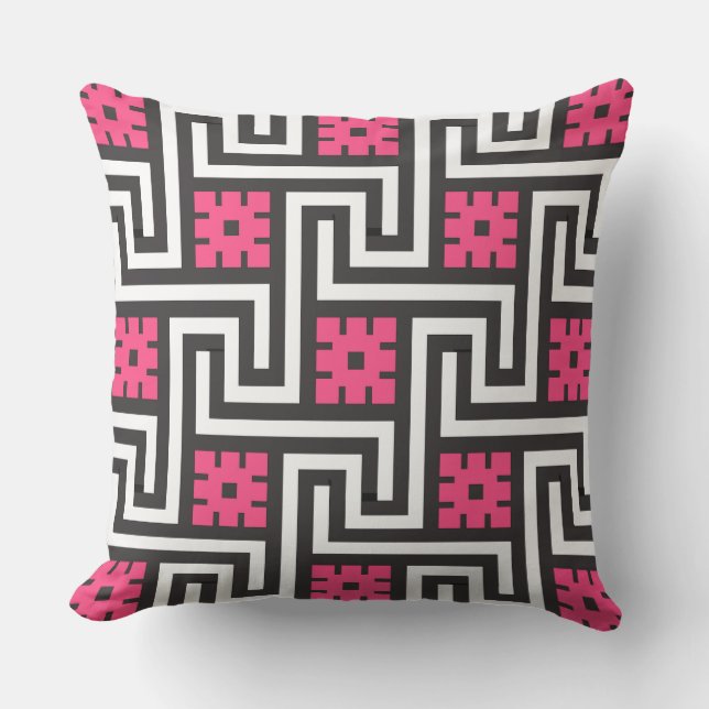 Deco Greek Key, Black, White en Fuchsia Pink Buitenkussen (Voorkant)