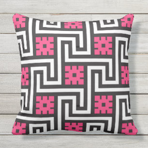 Deco Greek Key, Black, White en Fuchsia Pink Buitenkussen