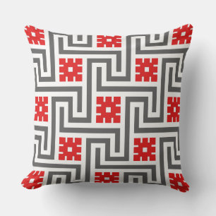 Deco Greek Key, Deep Red, White en Grey / Grey Buitenkussen
