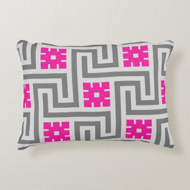 Deco Greek Key, Grey / Grey / Fuchsia Pink Decoratief Kussen (Voorkant)
