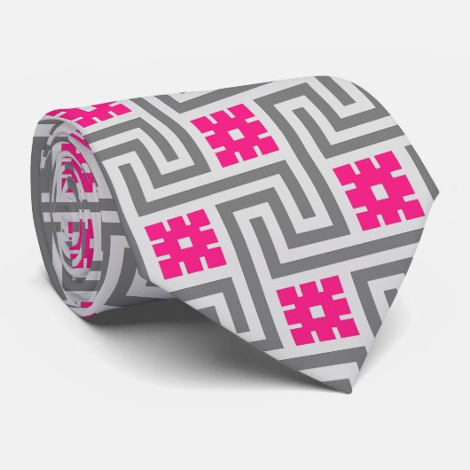 Deco Greek Key, Grey / Grey / Fuchsia Pink Stropdas (Opgerold)