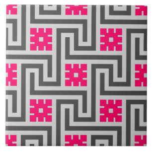 Deco Greek Key, Grey / Grey / Fuchsia Pink Tegeltje