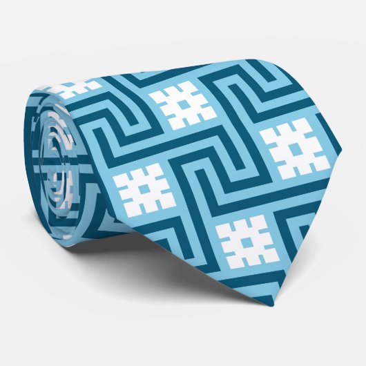 Deco Greek Key, Sky Blue en Navy Stropdas (Opgerold)