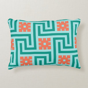 Deco Greek Key, Turquoise, Aqua en Coral Accent Kussen
