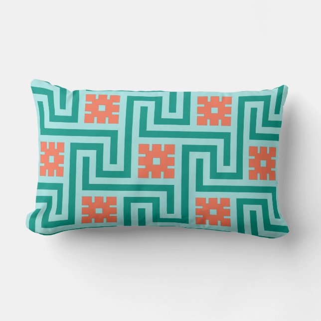 Deco Greek Key, Turquoise, Aqua en Coral Kussen (Voorkant)