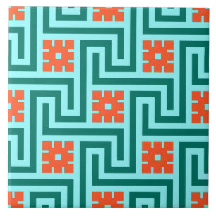 Deco Greek Key, Turquoise, Aqua en Coral Tegeltje