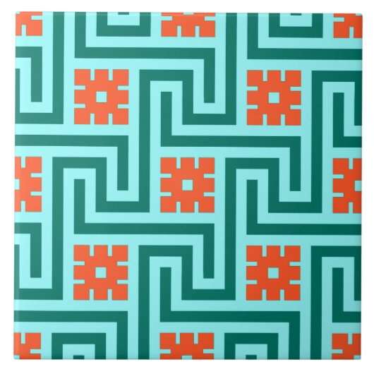 Deco Greek Key, Turquoise, Aqua en Coral Tegeltje (Voorkant)