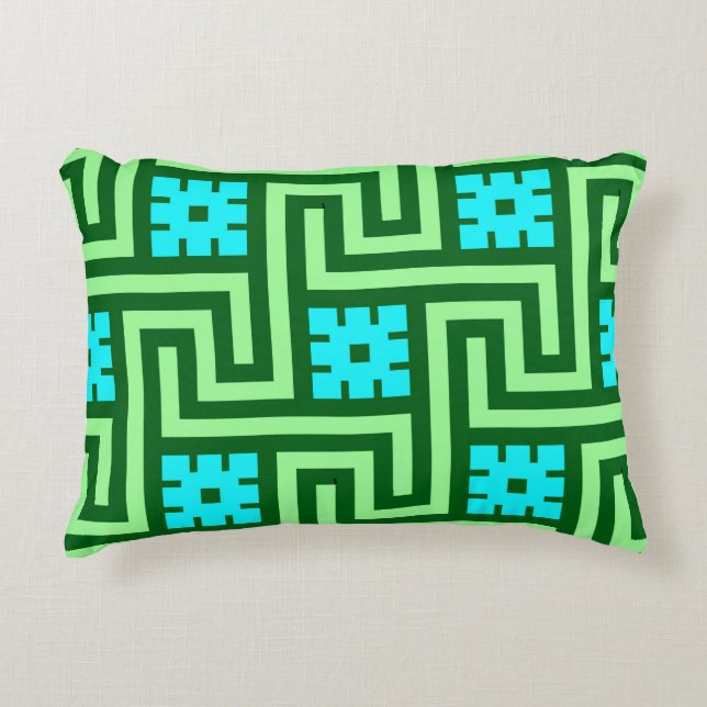 Deco Greek Key, Turquoise en Jade Green Accent Kussen (Voorkant)