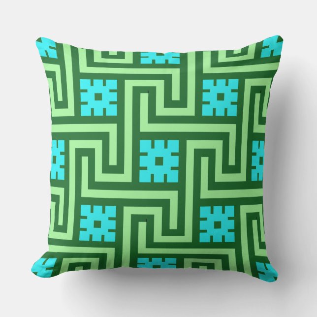 Deco Greek Key, Turquoise en Jade Green Buitenkussen (Voorkant)