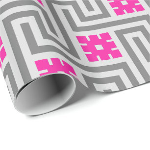 Deco Griekse Sleutel, Grijs en Fuchsia Roze Cadeaupapier