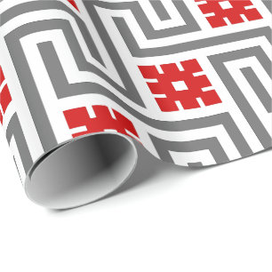 Deco Griekse sleutel, rood, wit en grijs Cadeaupapier