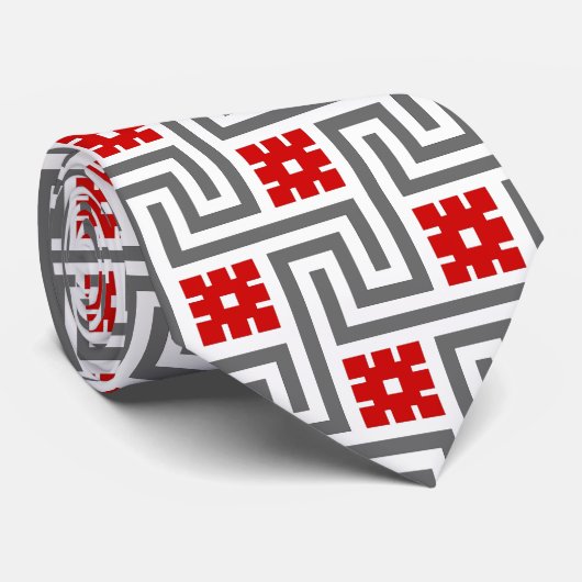 Deco Griekse sleutel, rood, wit en grijs Stropdas (Opgerold)