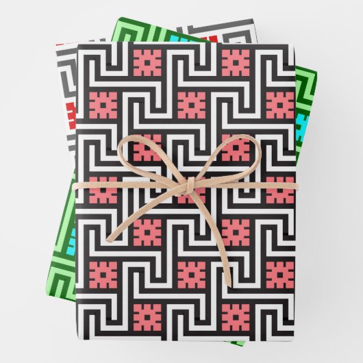 Deco Griekse sleutel, roze, groen, rood en grijs Inpakpapier Vel (In situ)