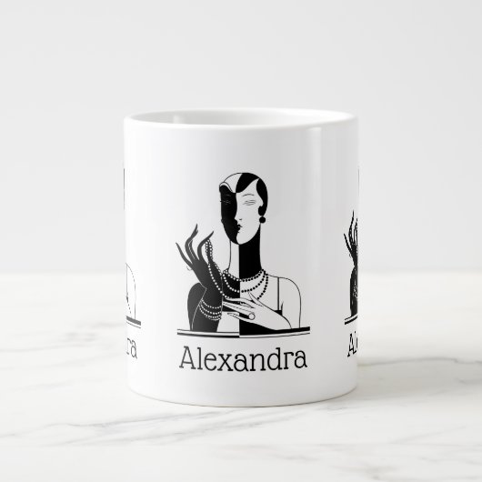 deco-juffrouw met parells Black Transp Grote Koffiekop (Voorkant)