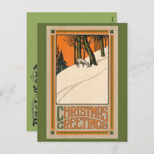 Deco Kerst briefkaart met herten, sneeuw en bomen (Voorkant / Achterkant)