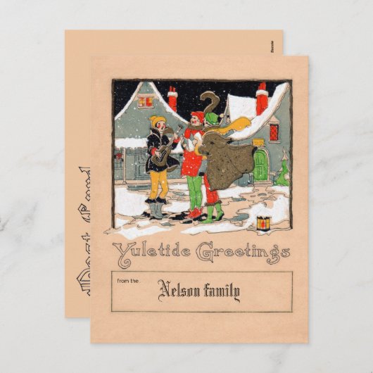 Deco kerstkaart met kerstliedjeszangers feestdagenkaart (Voorkant / Achterkant)