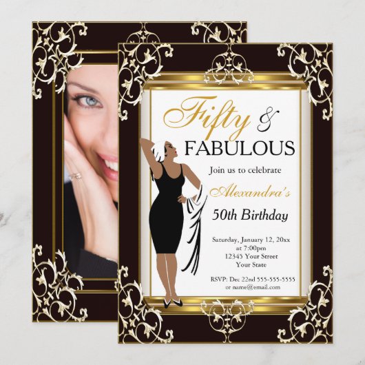 Deco Lady Gold Black 50th Fabulous Birthday foto Kaart (Voorkant / Achterkant)