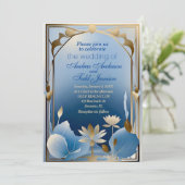 Deco minimalisme blauw goud lotus bloem bruiloft kaart (Staand voorkant)