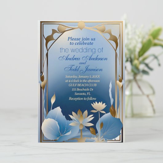 Deco minimalisme blauw goud lotus bloem bruiloft kaart (Staand voorkant)