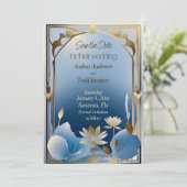 Deco minimalisme blauw goud lotus bloem save the date (Staand voorkant)