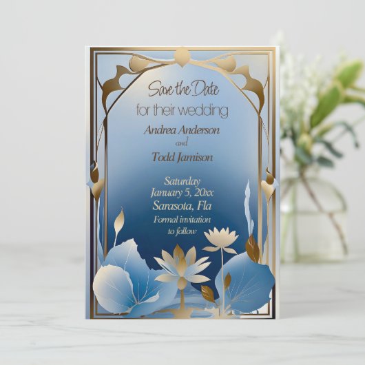 Deco minimalisme blauw goud lotus bloem save the date (Staand voorkant)