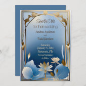 Deco minimalisme blauw goud lotus bloem save the date (Voorkant / Achterkant)