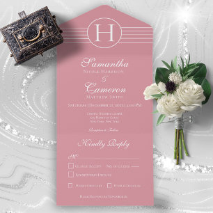 Deco Modern Monogram Dusty Pink Dinner All In One Uitnodiging